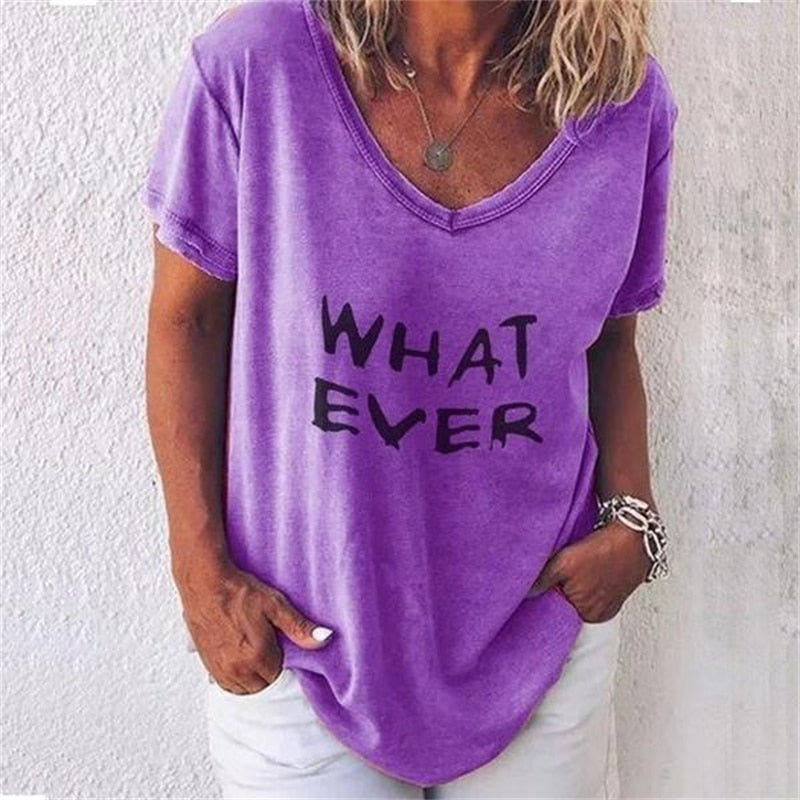 Summer Women T Shirt Letter Print Solid Clothing V Neck Short Sleeve Basic Tops Streetwear Tees Fashion Oversized Girls T-shirts