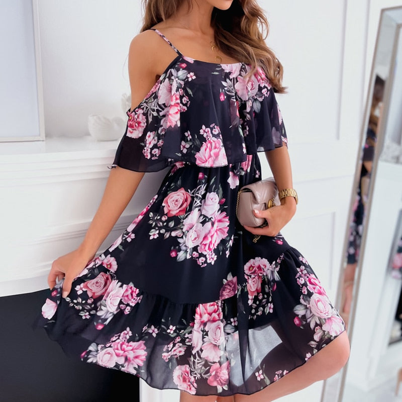 Women Floral Print Mini Dresses 2023 Summer Sexy Off Shoulder Flare Sleeve Tunic Dress Female Casual Boho Beach Dress Vestidos