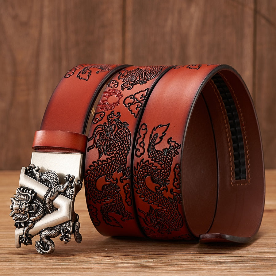 New Male China Dragon Belt Cowskin Genuine Leather Belt for Men Carving Dragon Pattern Automatic Buckle Belt Strap For Jeans