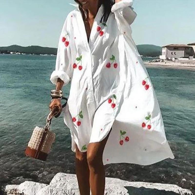 Fashion Women&#39;s Shirts Dress Spring Summer New Casual Printed Lapel Buttons Irregular Dress Beach Long Sleeve Sexy Party Dresses