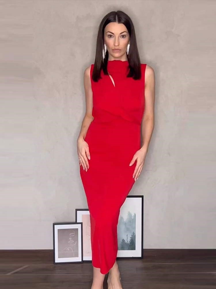 Cut Out Pleat Midi Dress women Elegant Sleeveless Half High Collar Solid Red Robe Fashion Ladies Wedding Evening Party Dresses