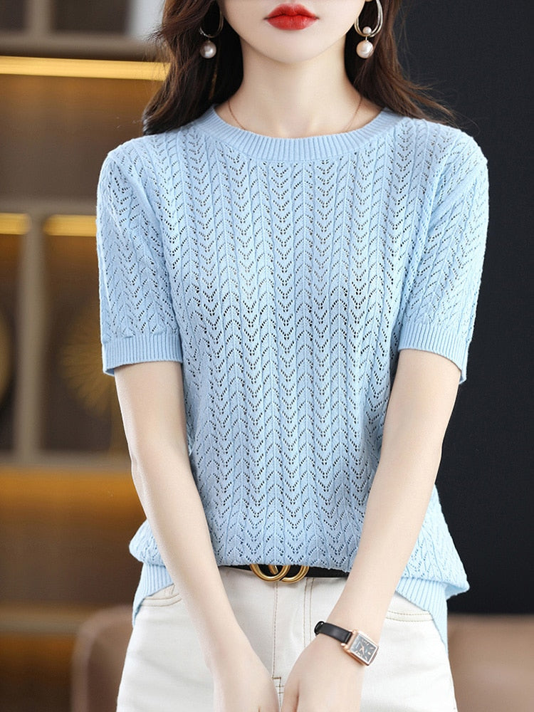 100% Pure Cotton T-Shirts Women's Round Neck Strands Empty Pullover Top Casual Knit Loose Top Summer Mesh Fashion Short Sleeves