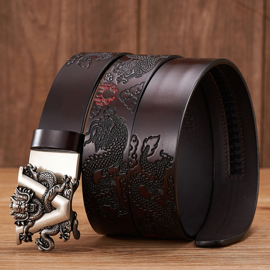 New Male China Dragon Belt Cowskin Genuine Leather Belt for Men Carving Dragon Pattern Automatic Buckle Belt Strap For Jeans