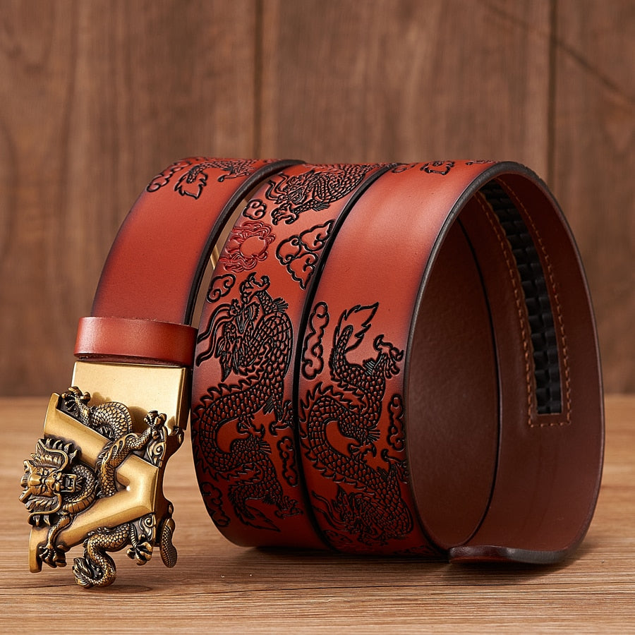 New Male China Dragon Belt Cowskin Genuine Leather Belt for Men Carving Dragon Pattern Automatic Buckle Belt Strap For Jeans