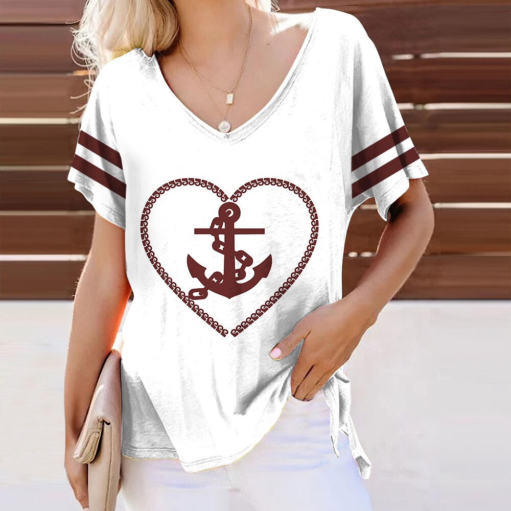 Summer Shirts Women T Shirt Short Sleeve Tops Anchor Graphic Clothing Everyday Streetwear V-Neck Pullovers For Women's Tees 2023