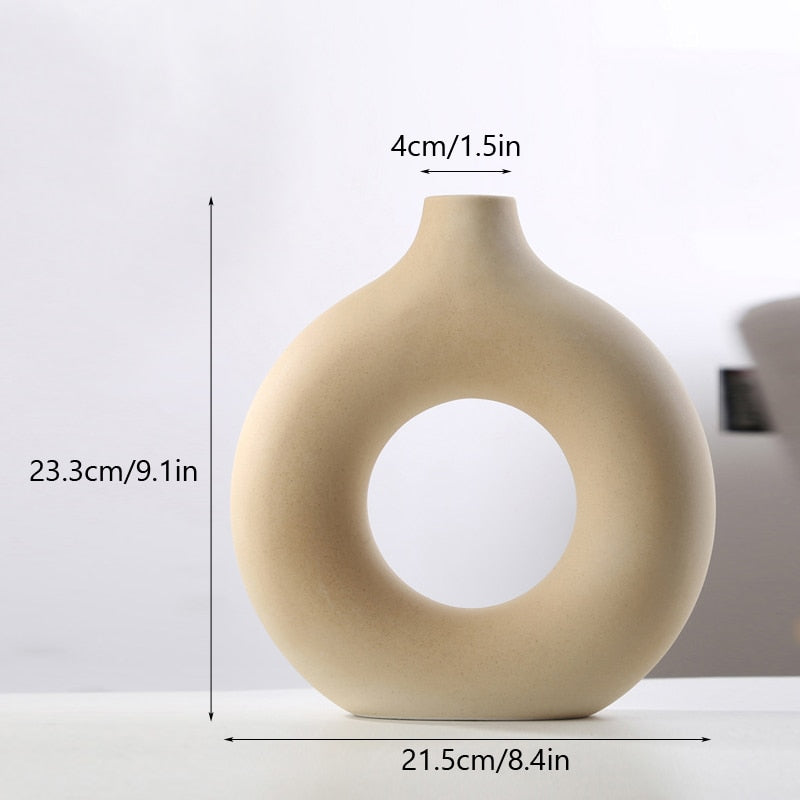 Nordic Vase Circular Hollow Ceramic Donuts Flower Pot Home Living Room Decoration Accessories Interior Office Desktop Decor Gift