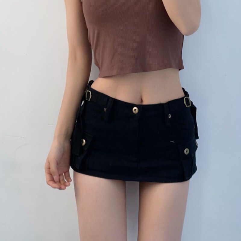 DEEPTOWN Denim Cargo Mini Skirt Women Korean Style Low Waist Slim Sexy Vintage Streetwear Green Pencil Skirt Y2k Girl Summer