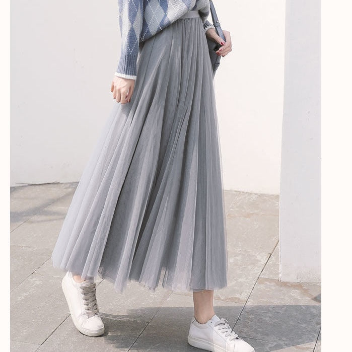 3 layers Midi Summer Tulle Skirt Women 2023 Ladies Casual White Black High Waist Pleated Sun School Long Skirt Female