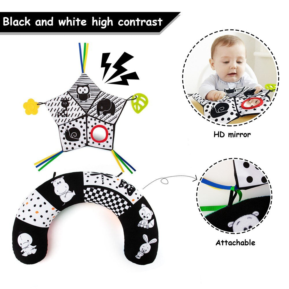 teytoy Tummy Time Pillow Toy, Black and White High Contrast Baby Toy with Mirror, Montessori Sensory Toy for Infant Toddler