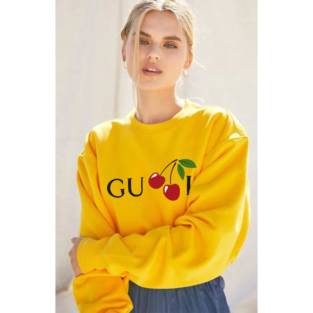 Women Cherry Cute Letter Print Sweatshirt Hoody Hoodies Solid Long Sleeve O Neck Brand Ladies Top Fashion Streetwear Clothing