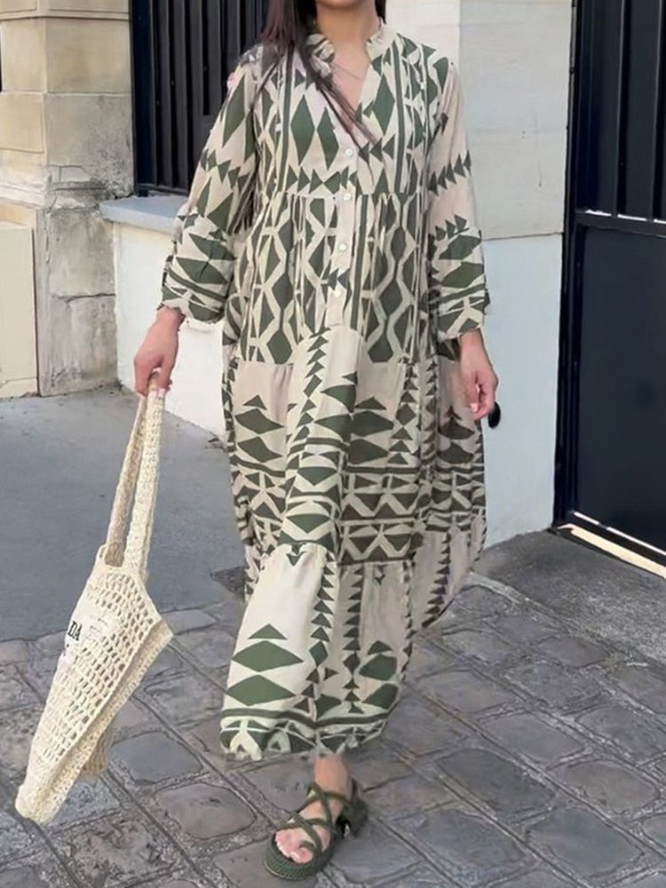 Retro Print Shirt Dress Women Button Up Long Blouse Dress Ladies Oversize Loose Dress Female Fashion V Neck Long Sleeve Dress