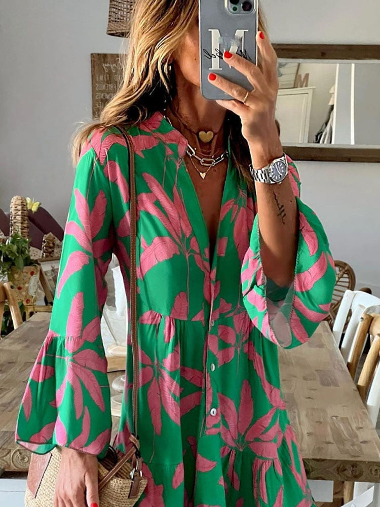 Elegant Boho Print Dress Women V-neck Flare Sleeve Casual Loose A-line Dress 2023 Spring Ladies Vacation Shirt Dresses Vestidos