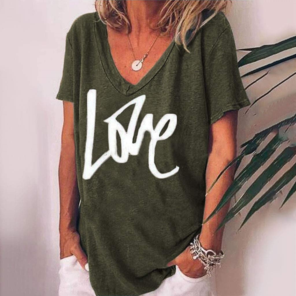 Summer Women T Shirt Letter Print Solid Clothing V Neck Short Sleeve Basic Tops Streetwear Tees Fashion Oversized Girls T-shirts