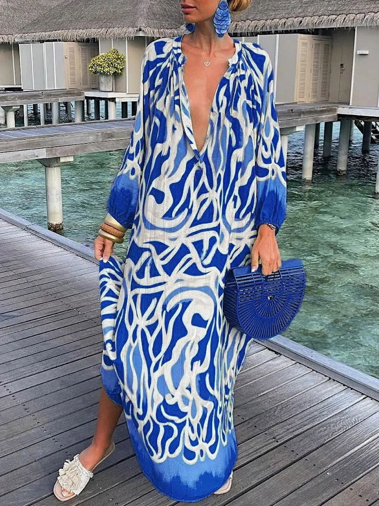 Women Sexy Deep V-Neck Maxi Dresses Bohemian Lantern Sleeve Printed Long Dress Female Vintage Holiday Loose Beach Cover Up Robe