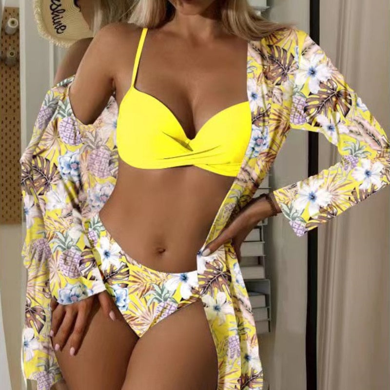 New Sexy Low Waist Bikini Three Piece Mesh Long Sleeve Shawl Blouse Split Body Tight Print Small Fresh Beach Swimsuit