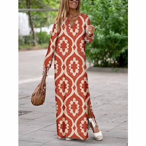 Women Floral Print Maxi Dress Casual Loose V Neck Long Sleeve Ankle-length Vestidos Spring Summer Elegant Holiday Shirt Robe