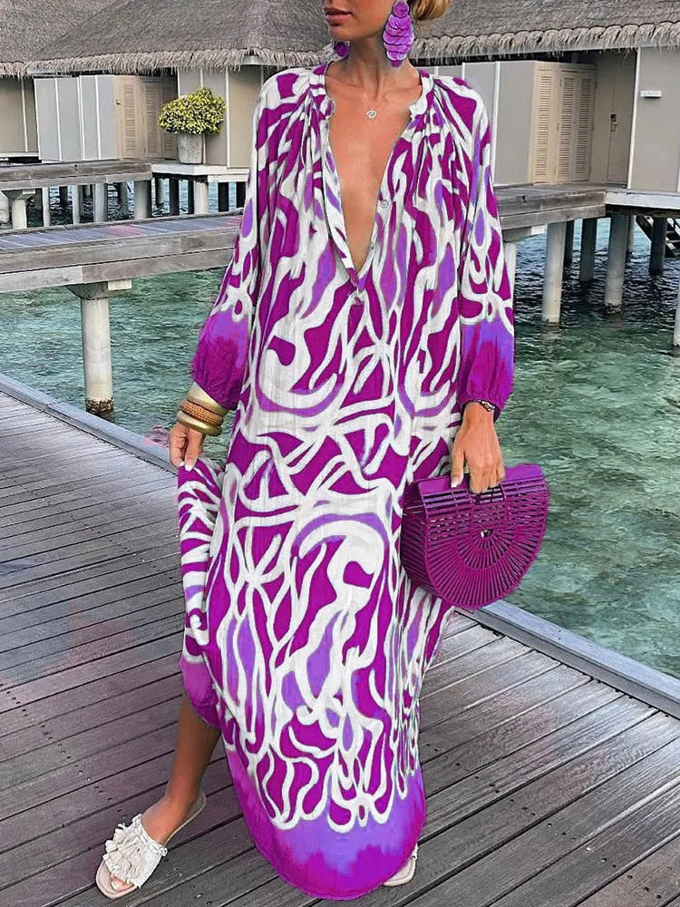 Women Sexy Deep V-Neck Maxi Dresses Bohemian Lantern Sleeve Printed Long Dress Female Vintage Holiday Loose Beach Cover Up Robe