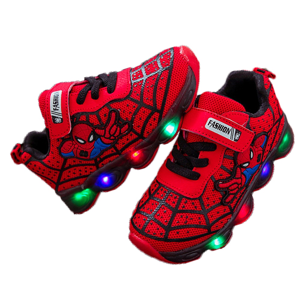 Marvel Spiderman LED Shoes Kids Glowing Sneakers Breathable Mesh Sports Soft Light Up Shoes Baby Girls Boys Children Toys Gift