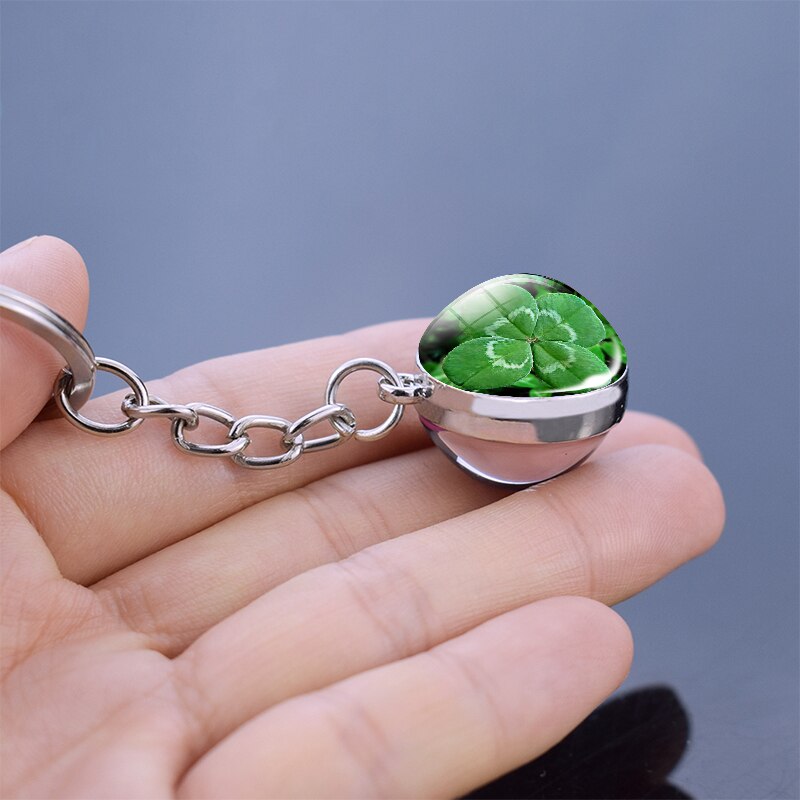 Clover Keychain Four Leaf Clover Glass Ball Double Side Pendant Metal Keyring Lucky Jewelry Gift for Men Dropshipping