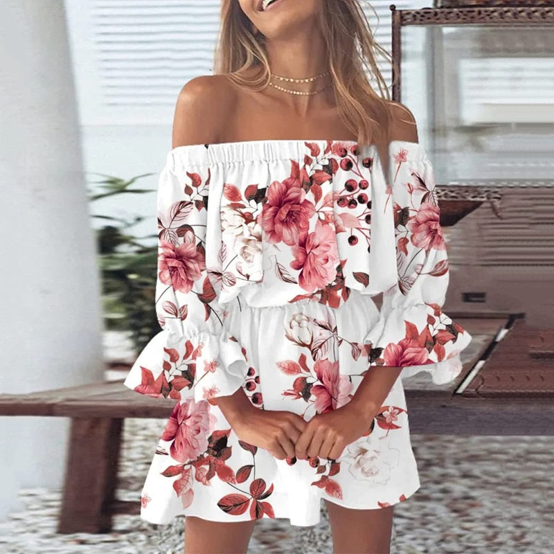 Women Floral Print Mini Dresses 2023 Summer Sexy Off Shoulder Flare Sleeve Tunic Dress Female Casual Boho Beach Dress Vestidos