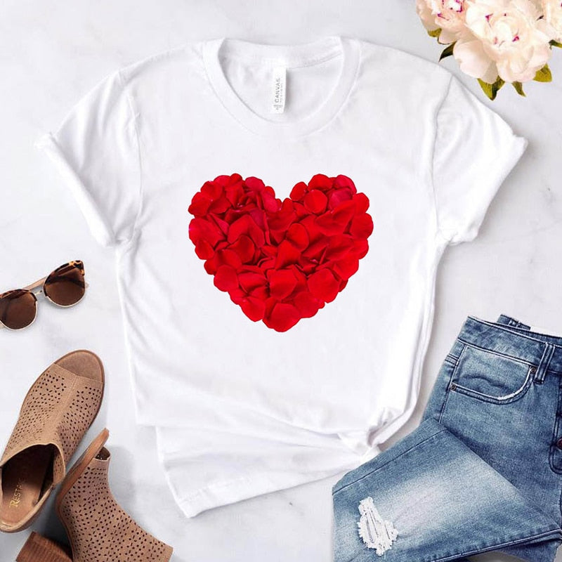 Heart Flower Print Womens T-Shirt Ladies Casual Basis O-Collar White Shirt Short Sleeve Ladies T-Shirt Love Graphic Printing