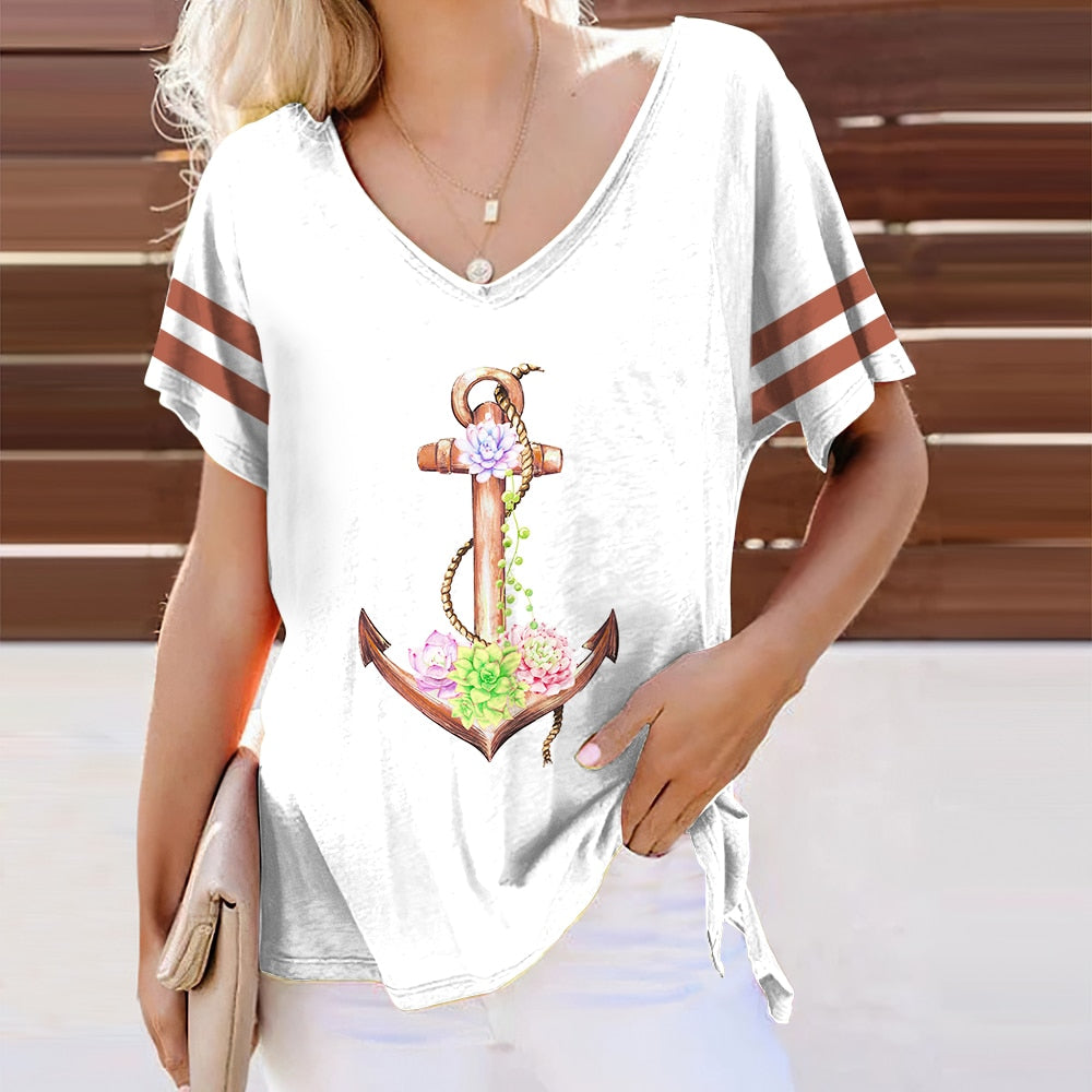 Summer Shirts Women T Shirt Short Sleeve Tops Anchor Graphic Clothing Everyday Streetwear V-Neck Pullovers For Women's Tees 2023