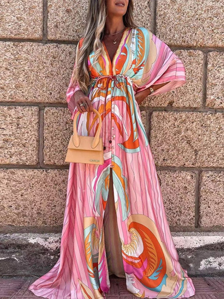 Summer Print Casual Women Dresses Oversized Holiday Beach Dress Boho Long Cover-Up Dress Female Long Sleeve Loose Tunic Dress