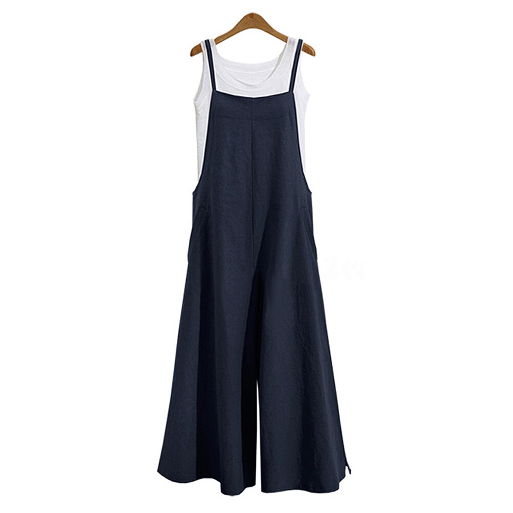 Casual Woman Jumpsuits 2023 Summer Solid Cotton Linen Straps Wide Leg Pants Comfort Pockets Sleeveless Bib Overalls Long Rompers