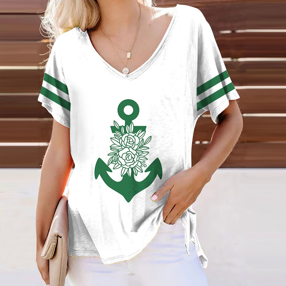 Summer Shirts Women T Shirt Short Sleeve Tops Anchor Graphic Clothing Everyday Streetwear V-Neck Pullovers For Women's Tees 2023