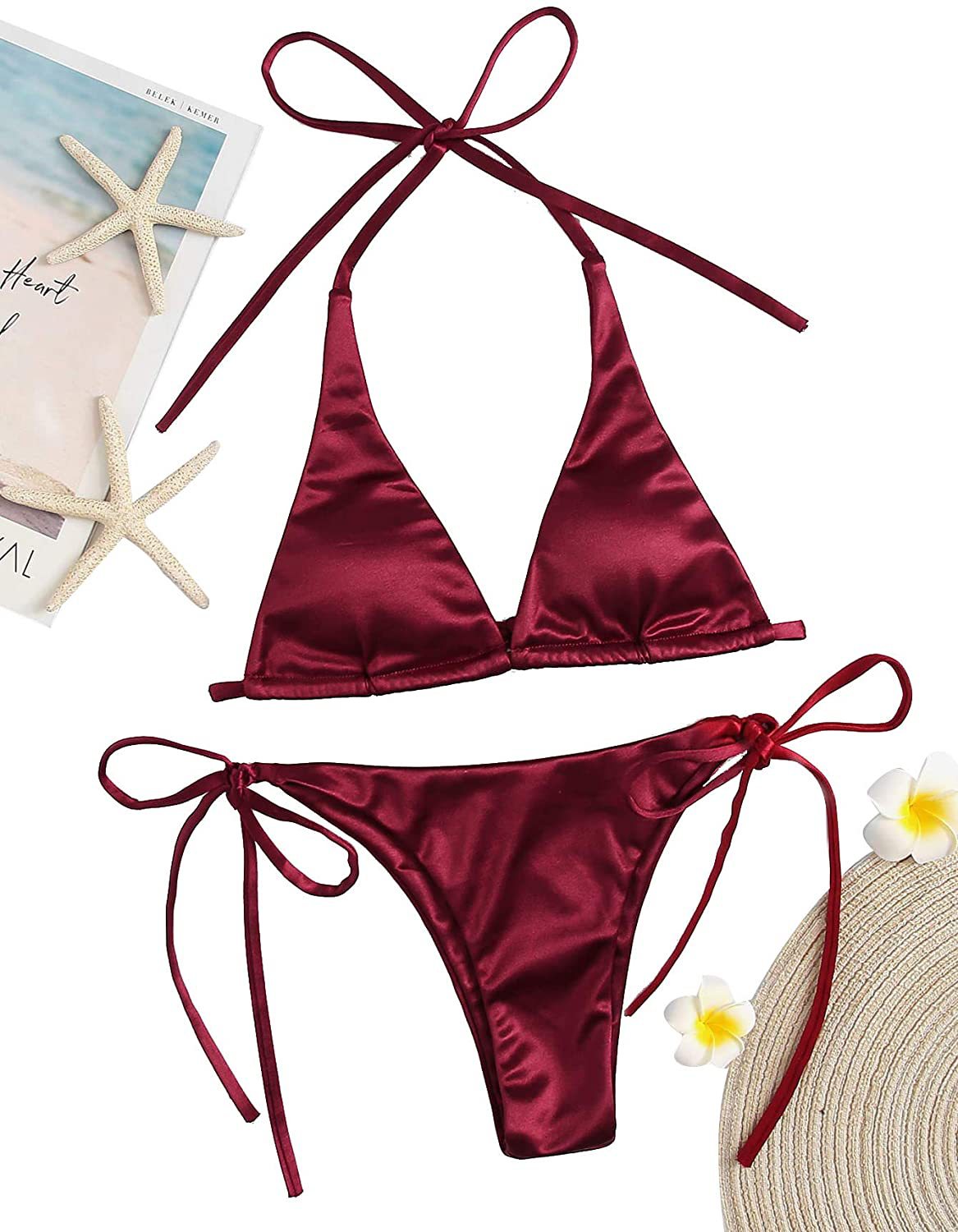 Sexy Women&#39;s Metallic Halter Top Two Piece Swimsuit Tie Side Triangle Bikini Summer Solid Bathing Suit Beachwear Bikini Set