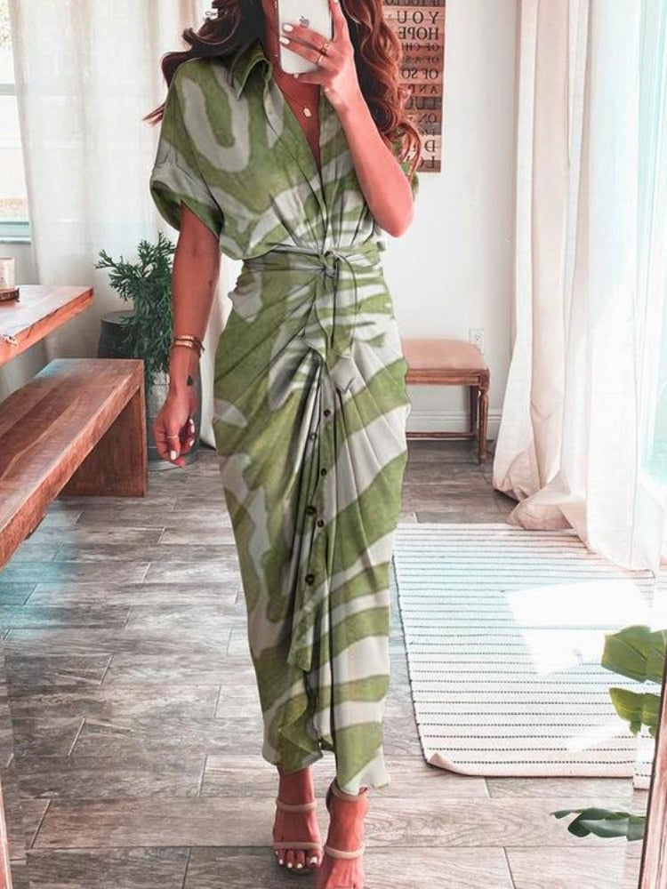 Women Elegant Shirt Dress Summer Fashion Printed Button Ruched Bandage Long Dresses Female Solid V Neck Beach Dress Casual Robe