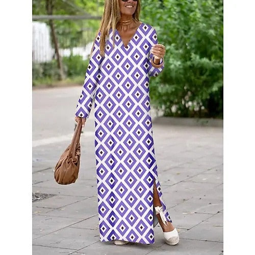 Women Floral Print Maxi Dress Casual Loose V Neck Long Sleeve Ankle-length Vestidos Spring Summer Elegant Holiday Shirt Robe