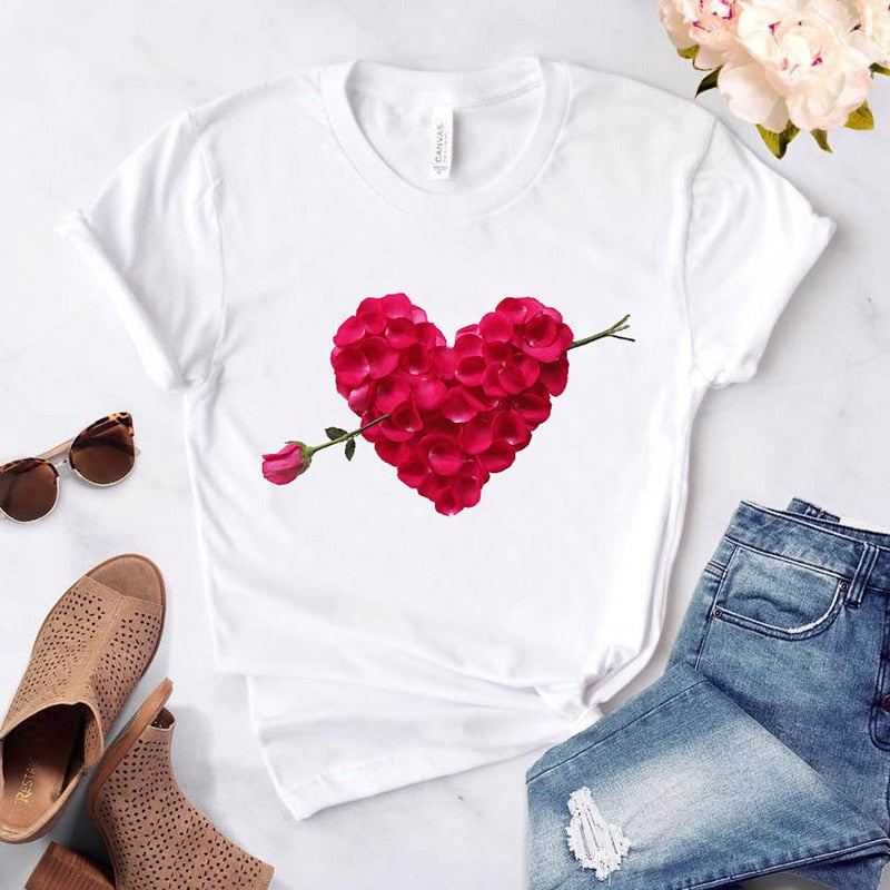 Heart Flower Print Womens T-Shirt Ladies Casual Basis O-Collar White Shirt Short Sleeve Ladies T-Shirt Love Graphic Printing