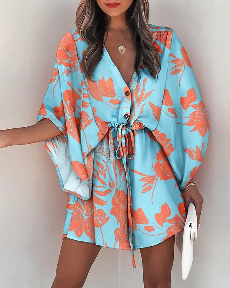 Women Batwing Sleeve Dresses Boho Leaf Print V-Neck Irregular Loose Mini Dress Female Sexy Lace-Up Waist Beach Dress Vestido