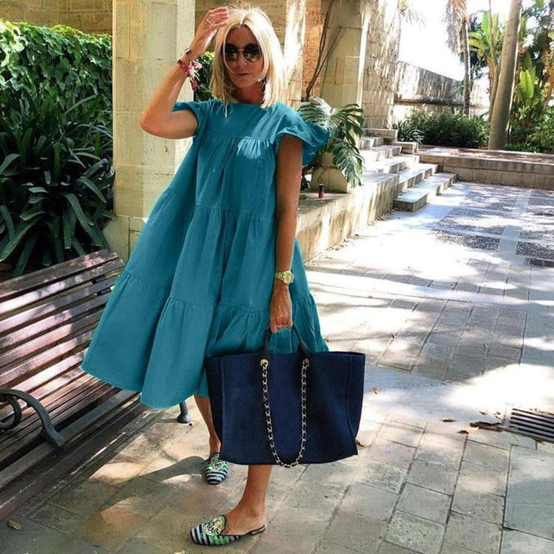 2023 New Summer Bohemian Dress Women Solid Color Short Sleeve Ruffled Midi Dresses Female Casual Holiay Beach Party Robe Dress