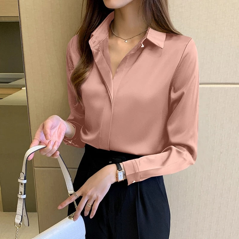 2023 Spring Women's Shirts Satin Blouse for Women Long Sleeve Shirt Silk White Shirt OL Woman Solid Blouses Pullover Ladies Tops