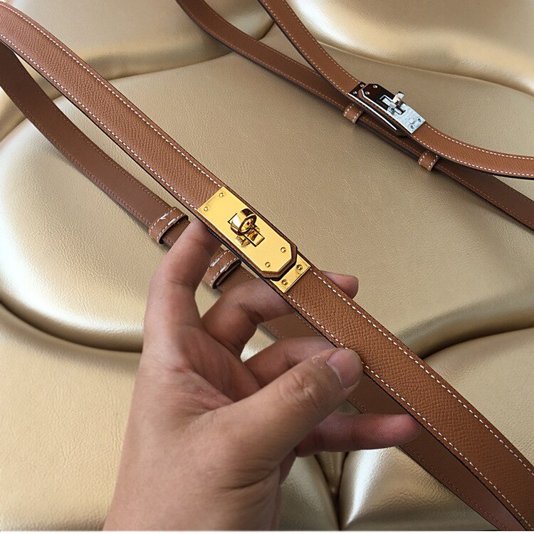 2022 New Luxury Brand High Quality Women Real Leather 1.8cm Width Belts Golden Lock Buckle Dress Jeans Sweater Waistband Belt