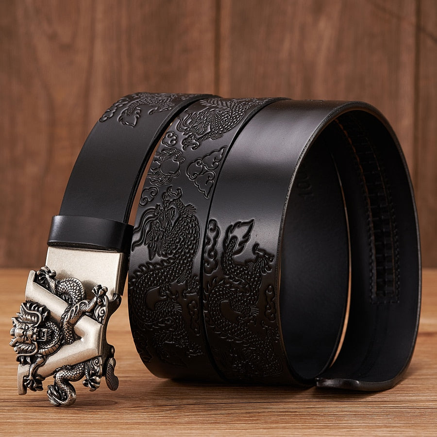 New Male China Dragon Belt Cowskin Genuine Leather Belt for Men Carving Dragon Pattern Automatic Buckle Belt Strap For Jeans