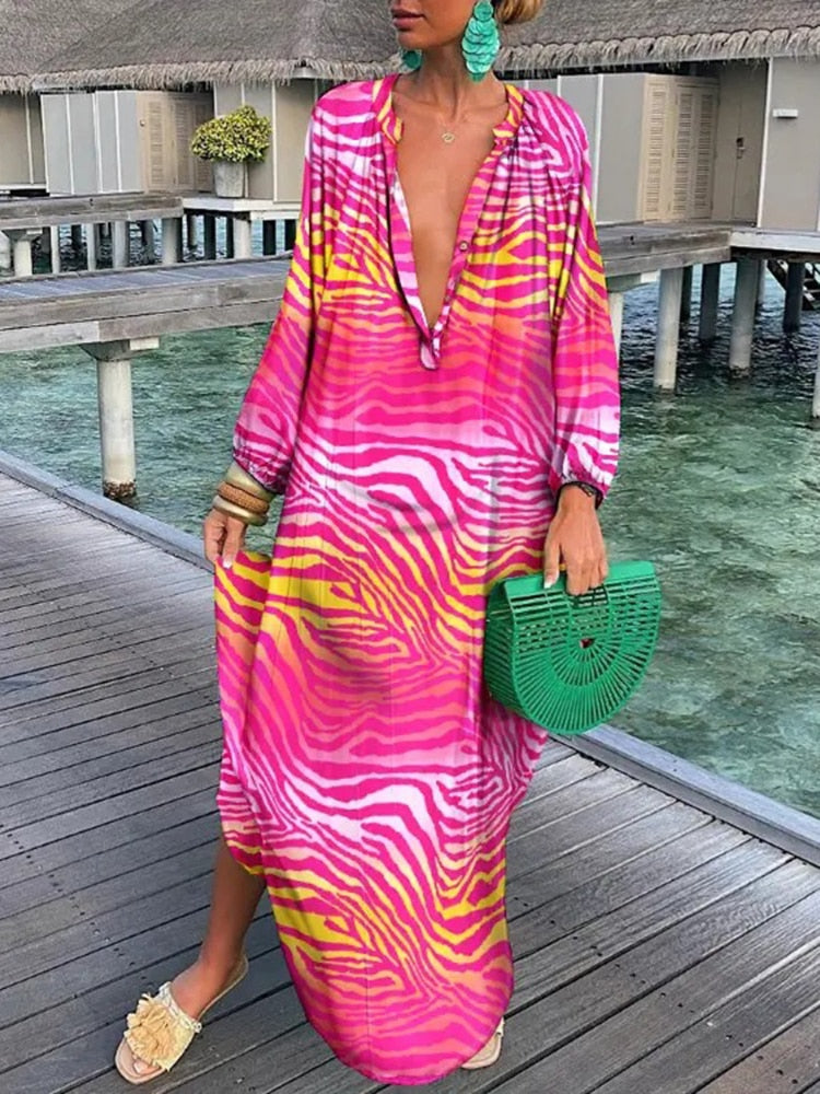 Women Floral Print Maxi Dress Casual Loose V Neck Long Sleeve Ankle-length Vestidos Spring Summer Elegant Holiday Shirt Robe