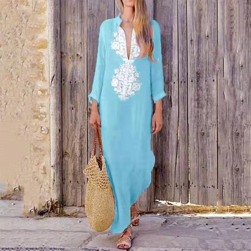 2023 Autumn Women's Long Dress Cotton Linen V-neck Loose Casual Fashion Dresses Female Summer Elegant Beach Ladies Clothes