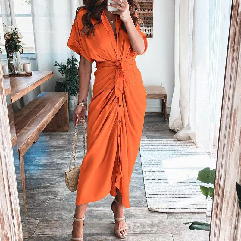 Women Elegant Shirt Dress Summer Fashion Printed Button Ruched Bandage Long Dresses Female Solid V Neck Beach Dress Casual Robe