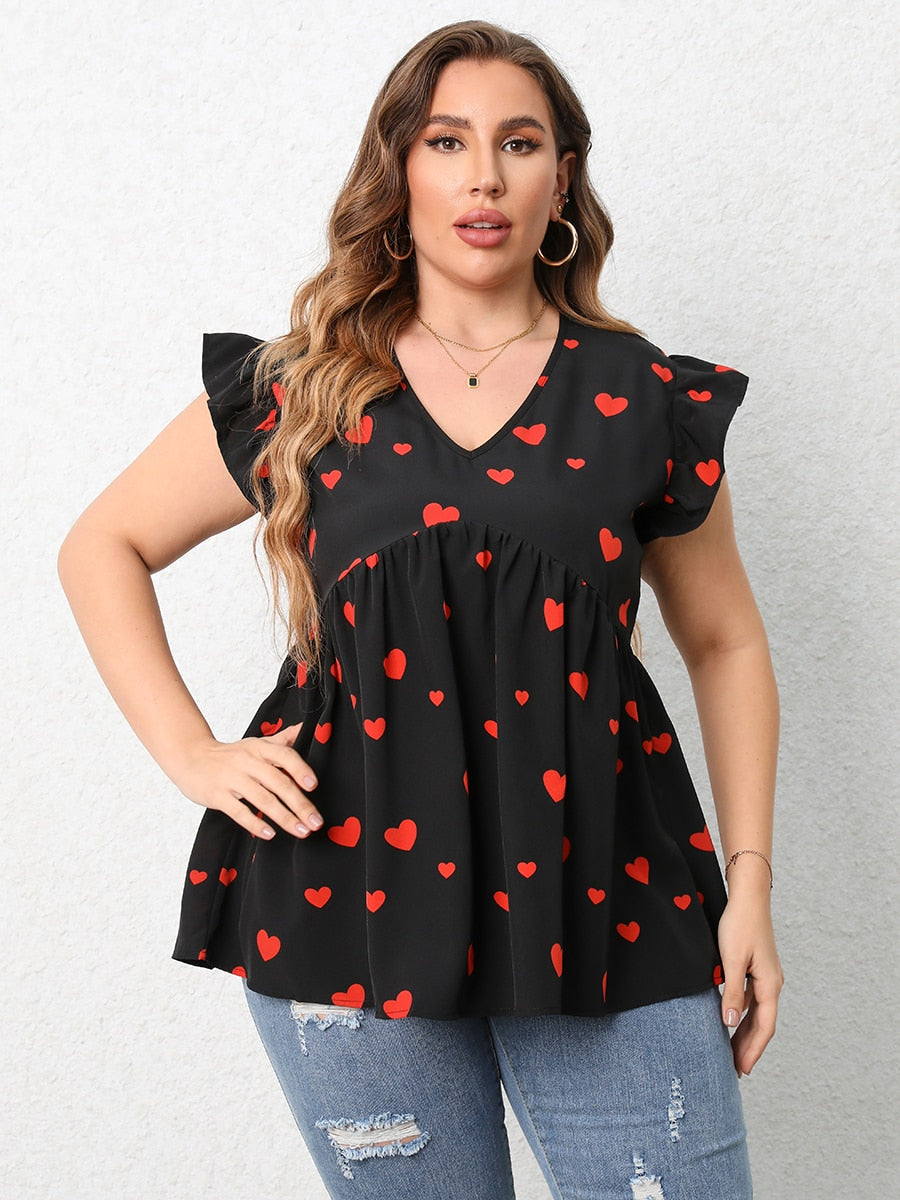 Finjani Plus Size Women T-Shirts Summer Casual Red Heart Print Blouse 2022 Fashion Tee Loose And Breathable Women's Tops