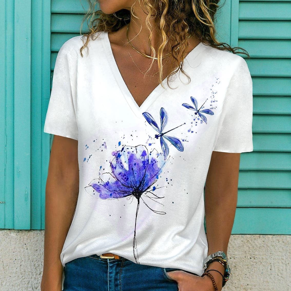 Summer Women Short Sleeve V-neck Oversized T Shirt for Women White Fashion Ladies T-shirt 3d Dragonfly Print Top Casual Clothes