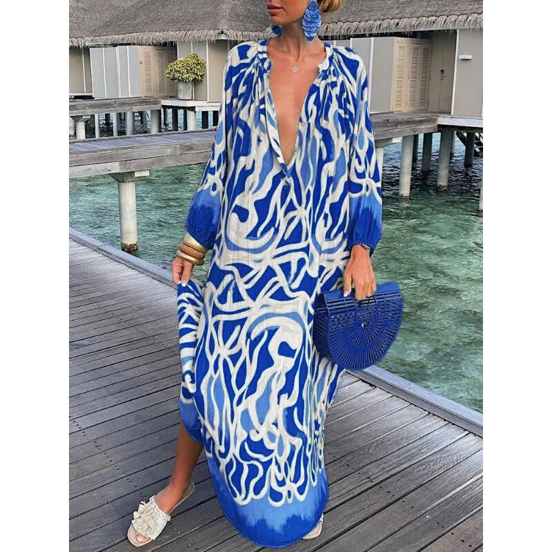 Women Sexy Deep V-Neck Maxi Dresses Bohemian Lantern Sleeve Printed Long Dress Female Vintage Holiday Loose Beach Cover Up Robe