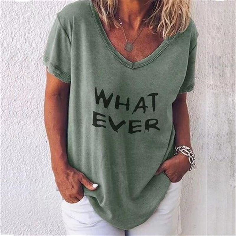 Summer Women T Shirt Letter Print Solid Clothing V Neck Short Sleeve Basic Tops Streetwear Tees Fashion Oversized Girls T-shirts