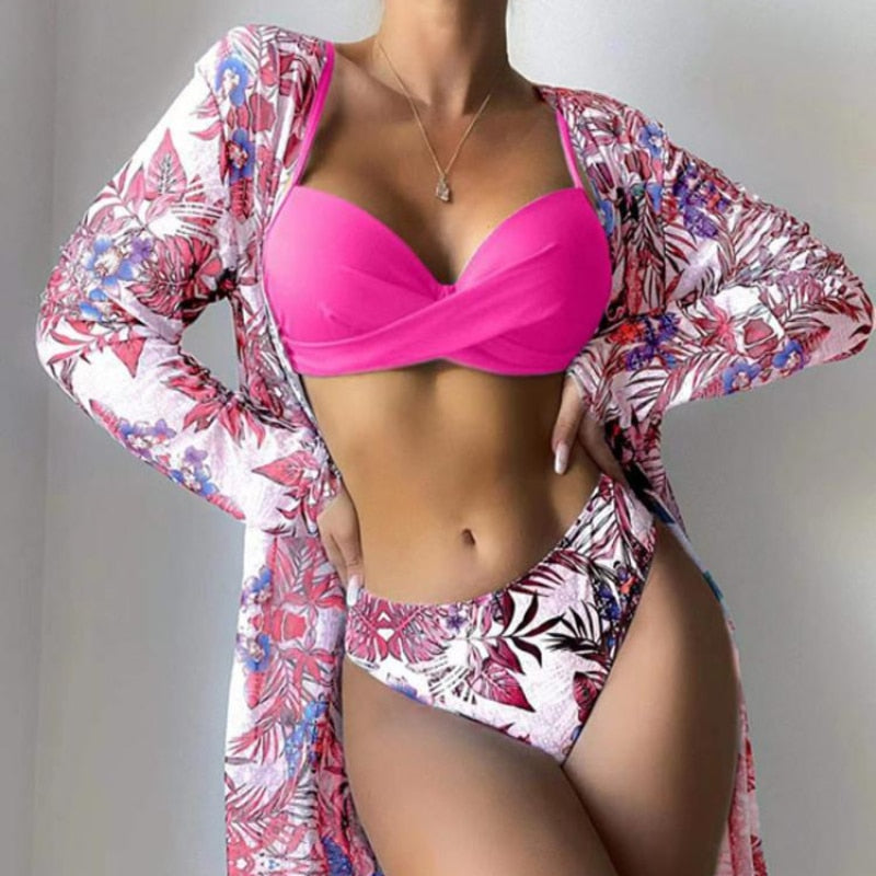 New Sexy Low Waist Bikini Three Piece Mesh Long Sleeve Shawl Blouse Split Body Tight Print Small Fresh Beach Swimsuit