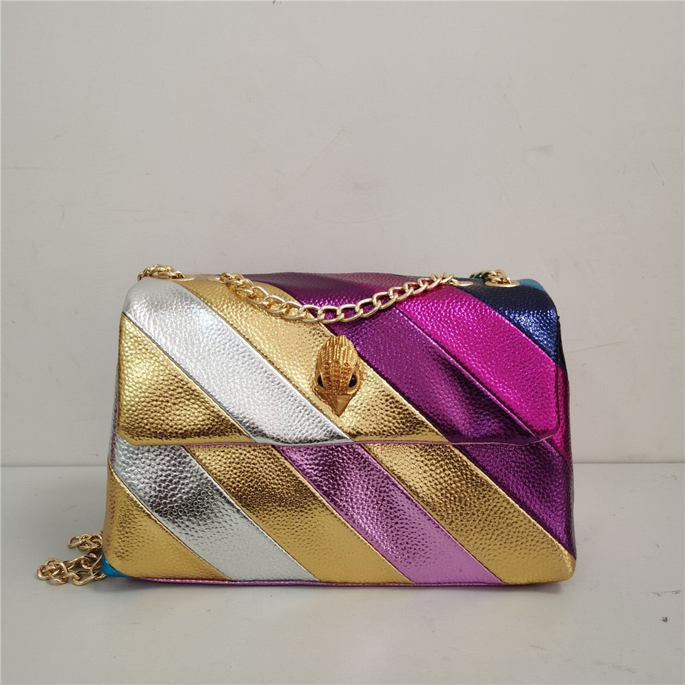 Rainbow Wave Pattern Women Handbag Eagle Head On The Front Flap Jointing Colorful Cross Body Bag Patchwork Pu Leather