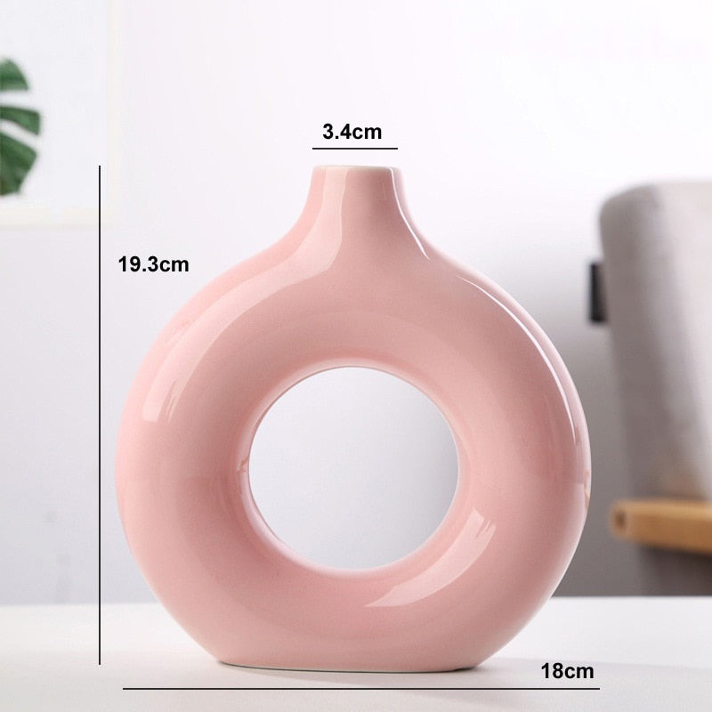 Nordic Vase Circular Hollow Ceramic Donuts Flower Pot Home Living Room Decoration Accessories Interior Office Desktop Decor Gift