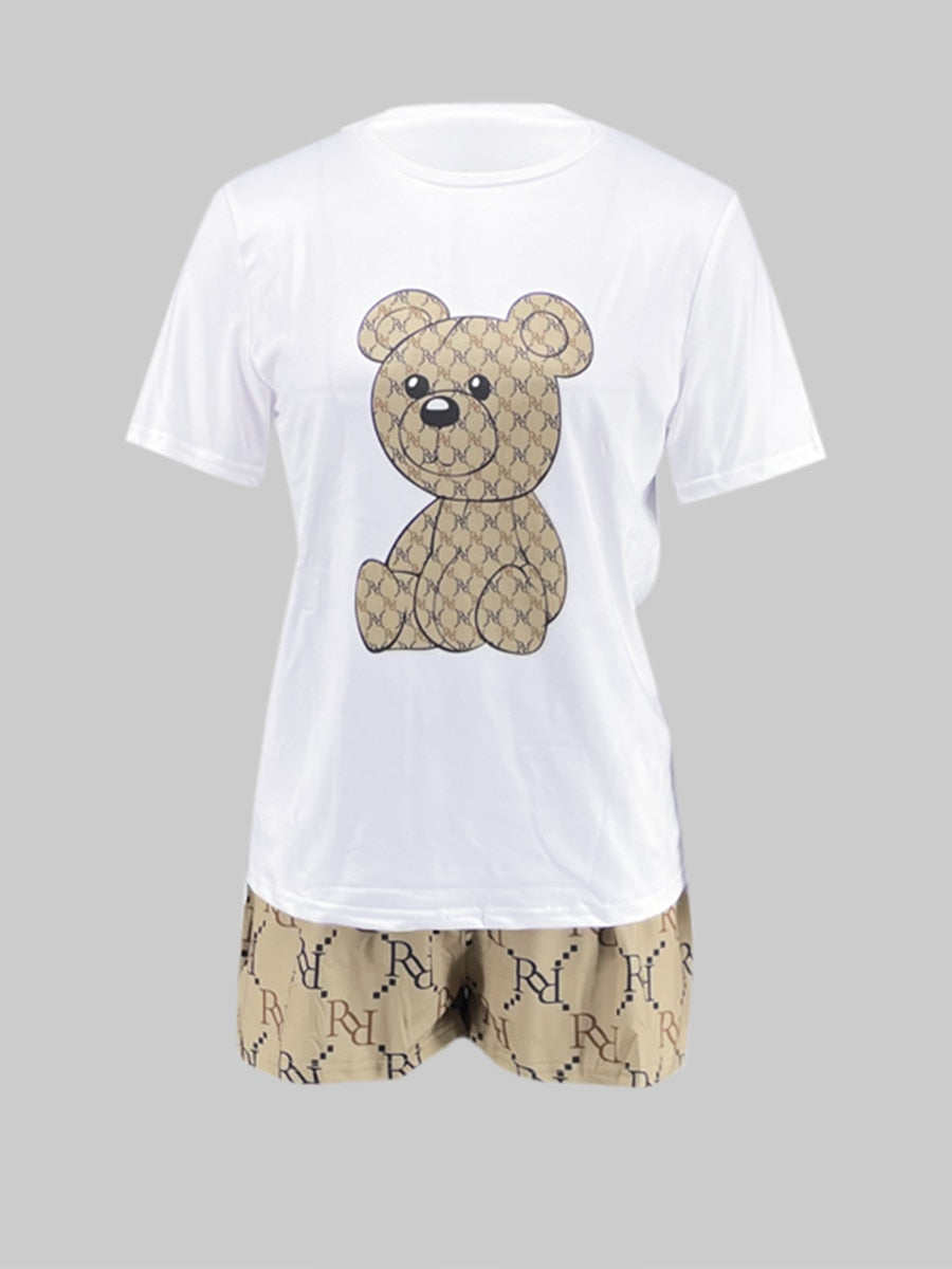 LW Geometric Bear Print Shorts Set O Neck Short Sleeve Basic T-shirt+Mixed Print Hipster Bottoms Two Pieces Women/Men 2PCs