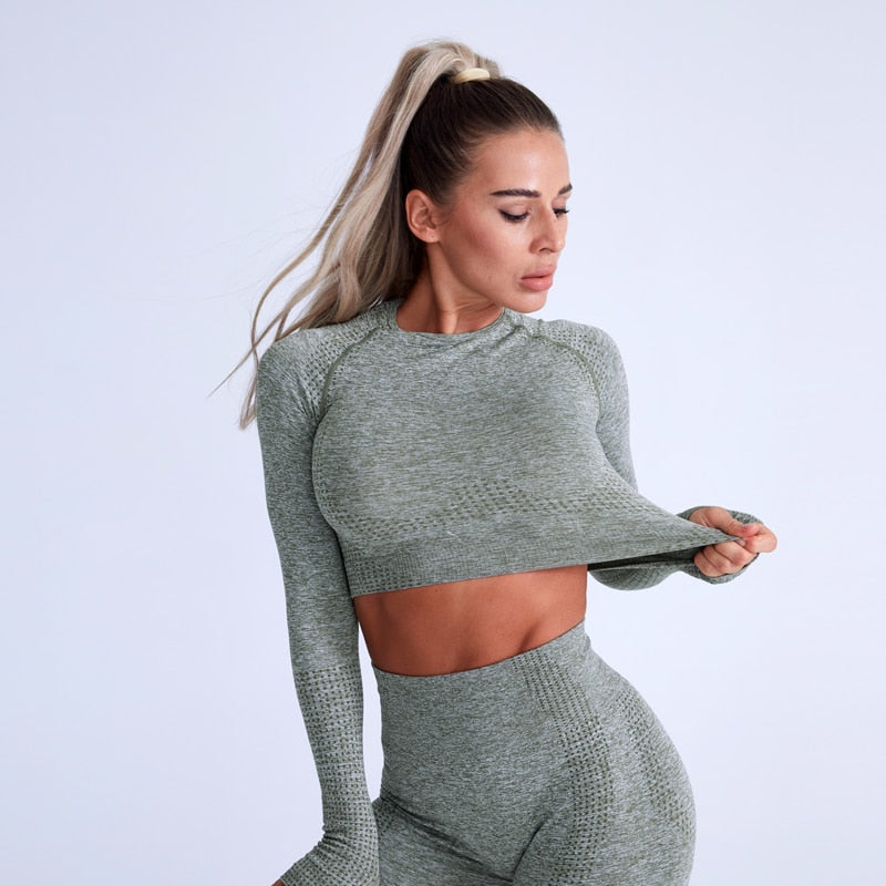 Ensemble Female 2 Pieces Yoga Set Women Seamless Thumb Hole Gym Workout Fitness Clothes Sportswear Long Sleeve Crop Top Leggings